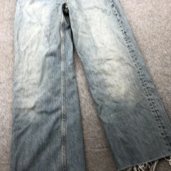 Zara Jeans Womens 8 Blue High Rise Wide Leg Distressed Frayed Hem Denim Pants - Picture 3 of 10